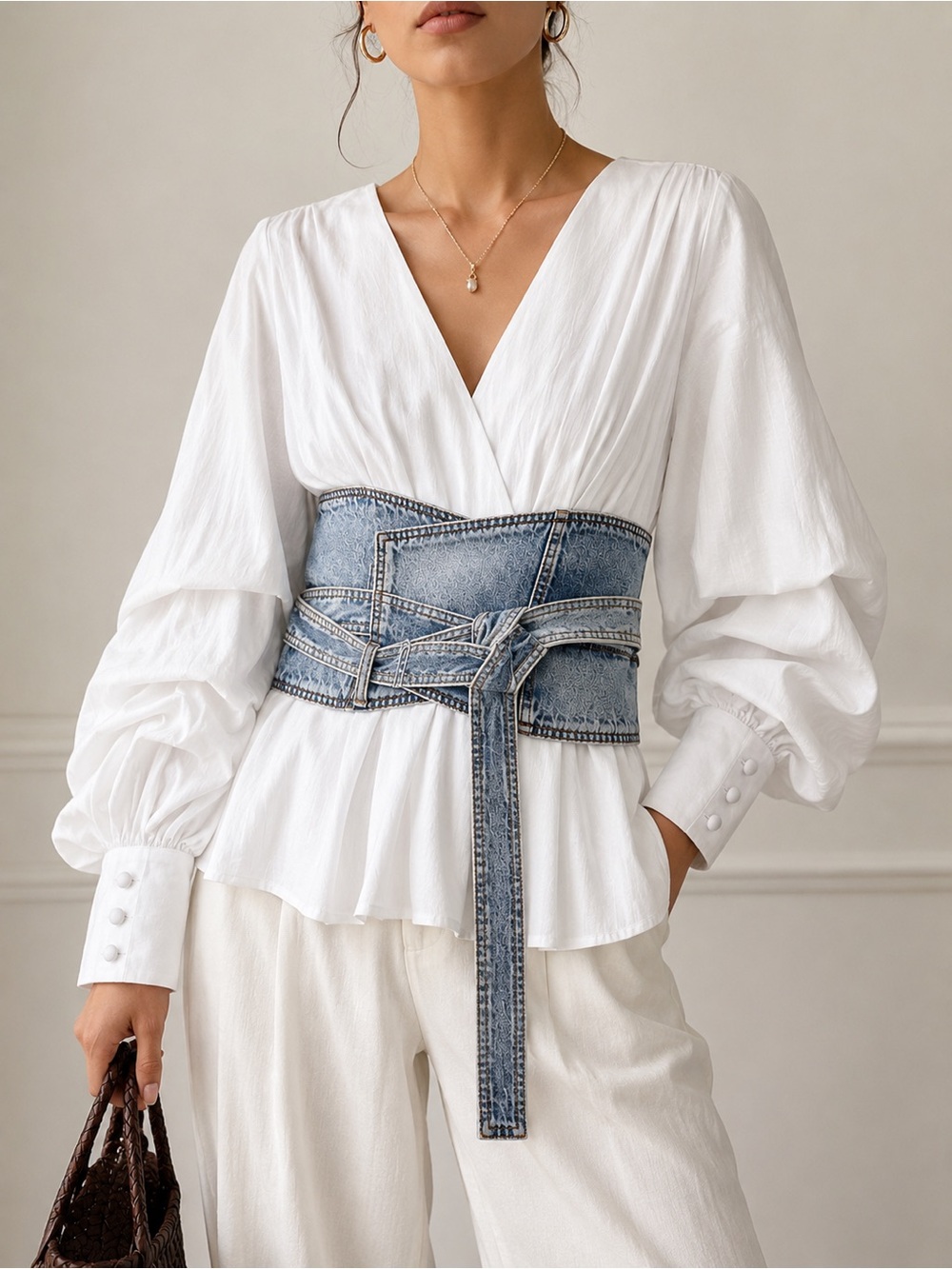White V-Neck Puff Sleeve Blouse with Denim Waist Belt